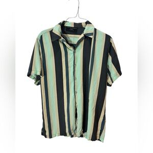 No Boundaries Men's Casual Striped Shirt - Black, Green, Tan